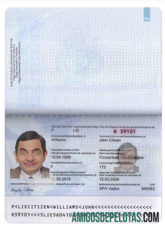Passaporte de Liechtenstein amostra